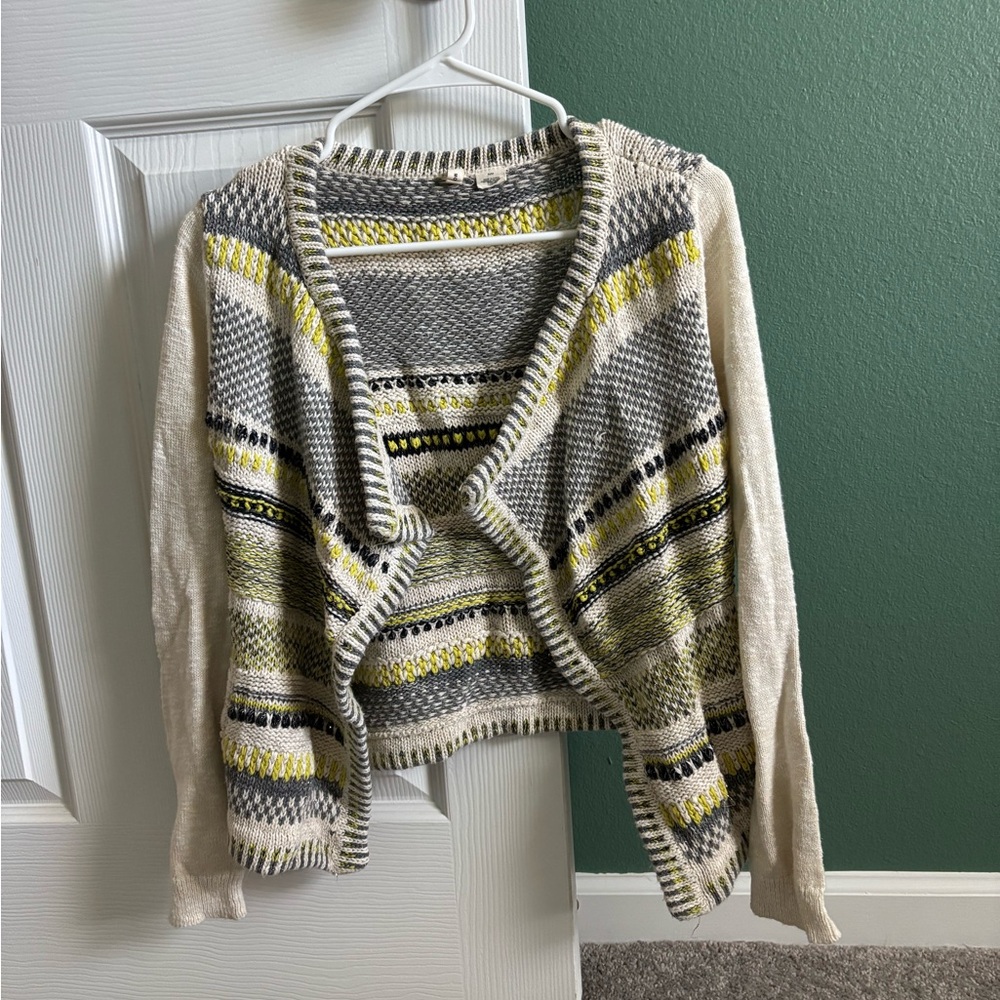 Anthropologie | Moth Cream Gray Yellow Black Metallic Thread Cardigan 
Medium